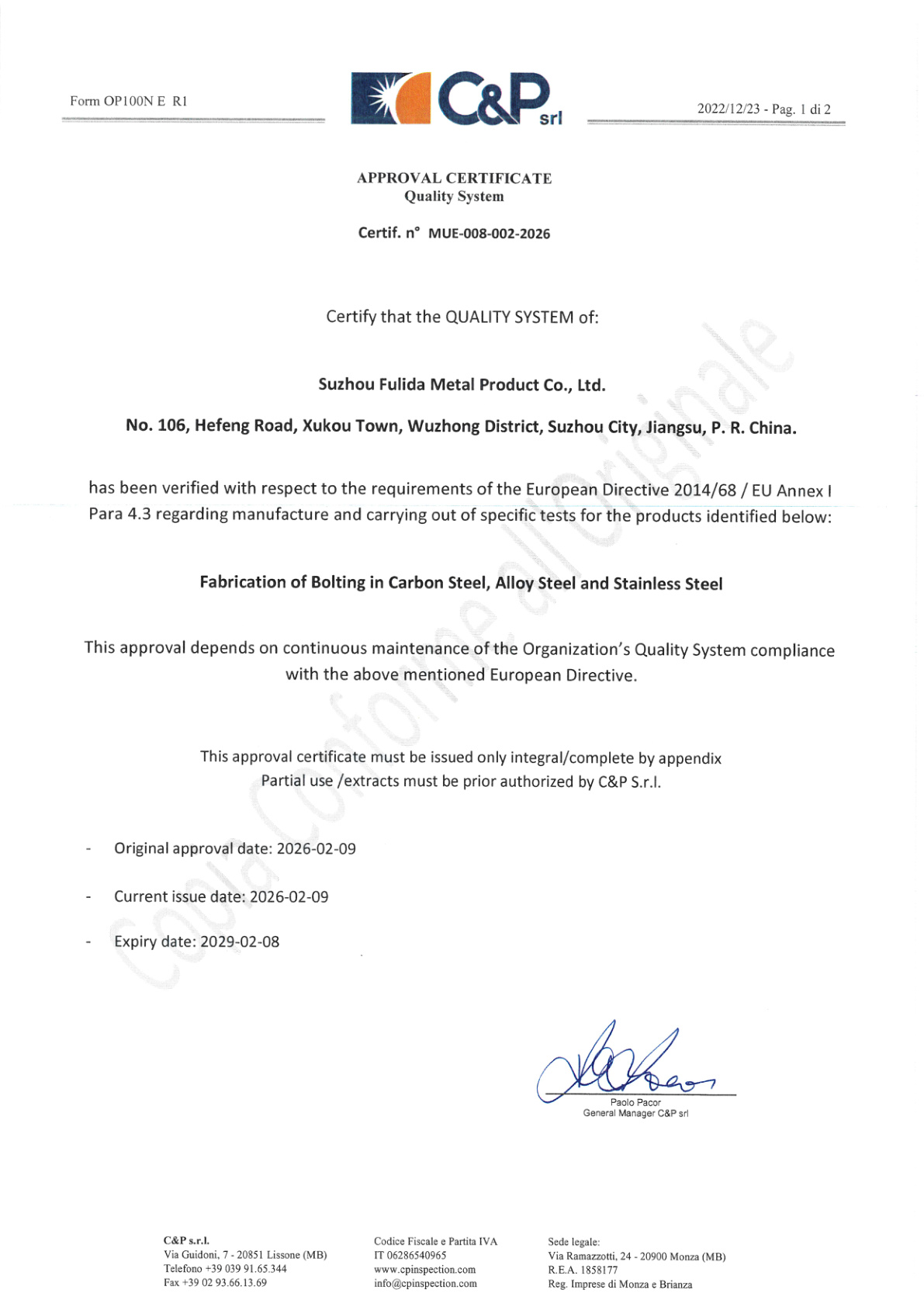 PED 2014/68/EU — EU Notified Body Approval
